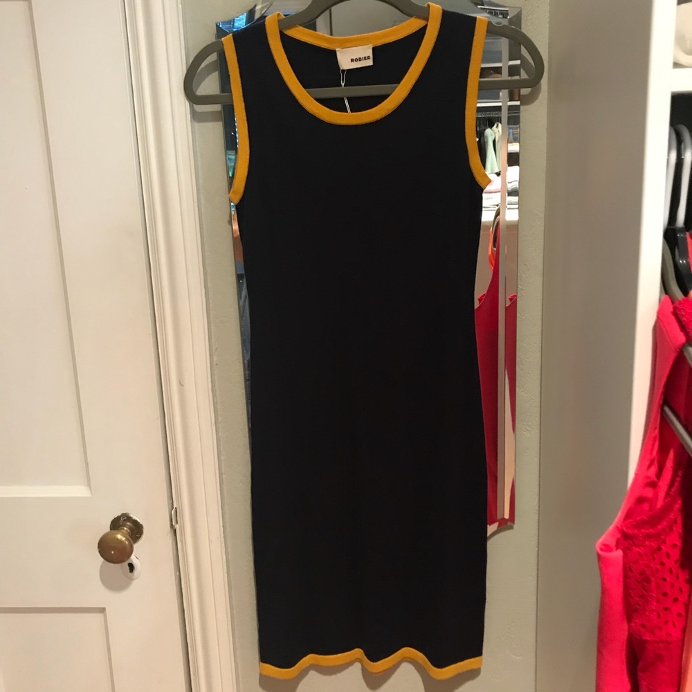 NWT Navy Rodier Dress w/ Yellow Trim